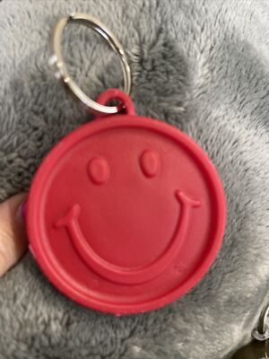 Vintage Keychain Red SMILEY FACE Key Fob Ring Zibo Core 1991 pat pending 