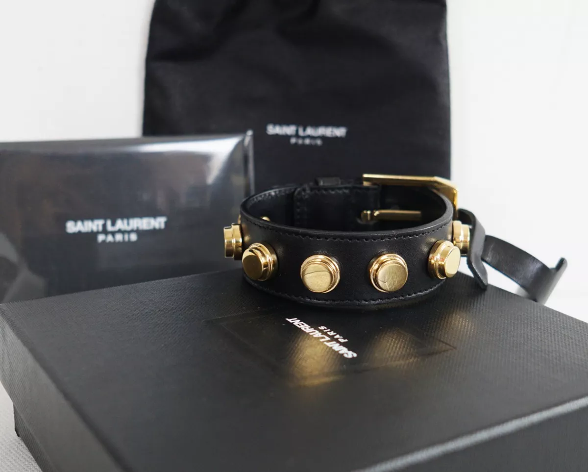 New Authentic SAINT LAURENT Black Leather De Force Gold-Studded Cuff  Bracelet M