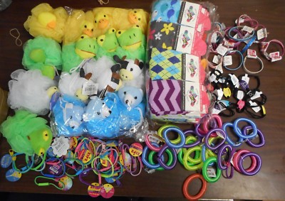 LOT OF 148 ASSTD SOCK SWAPS, SHOWER POUFS & MIXED BRACELETS *GREAT FOR RESALE* 