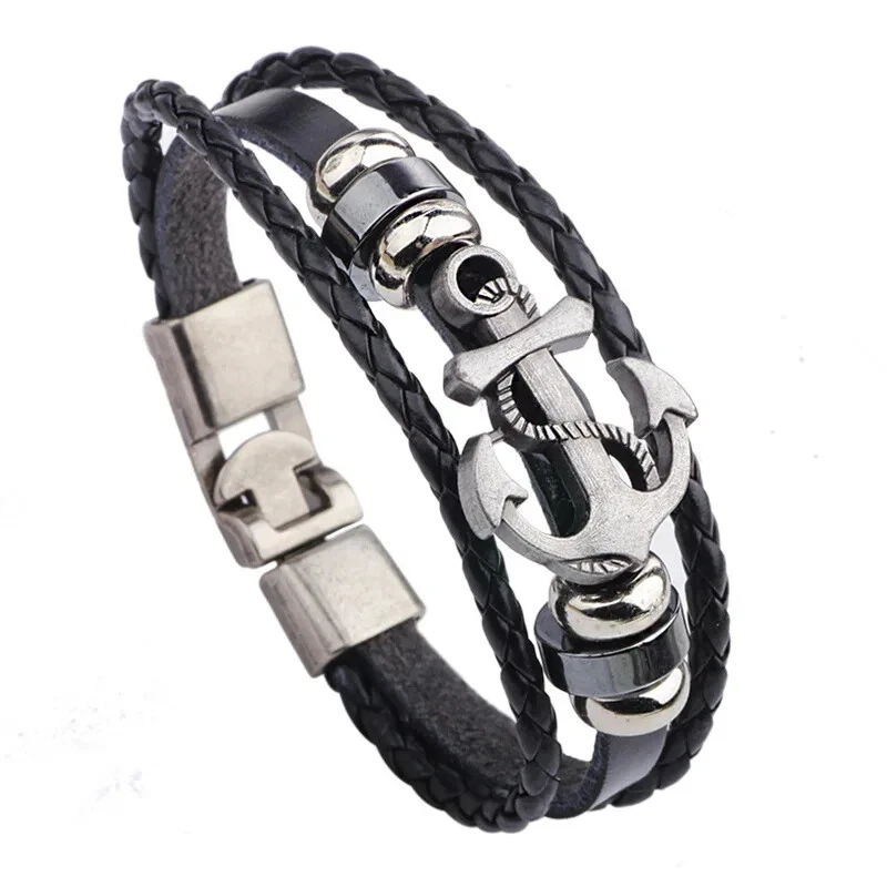 Armband Schmuck Schwarz Herren Mann Männer Leder Mode Lederarmband Style Anker - Bild 2 von 3