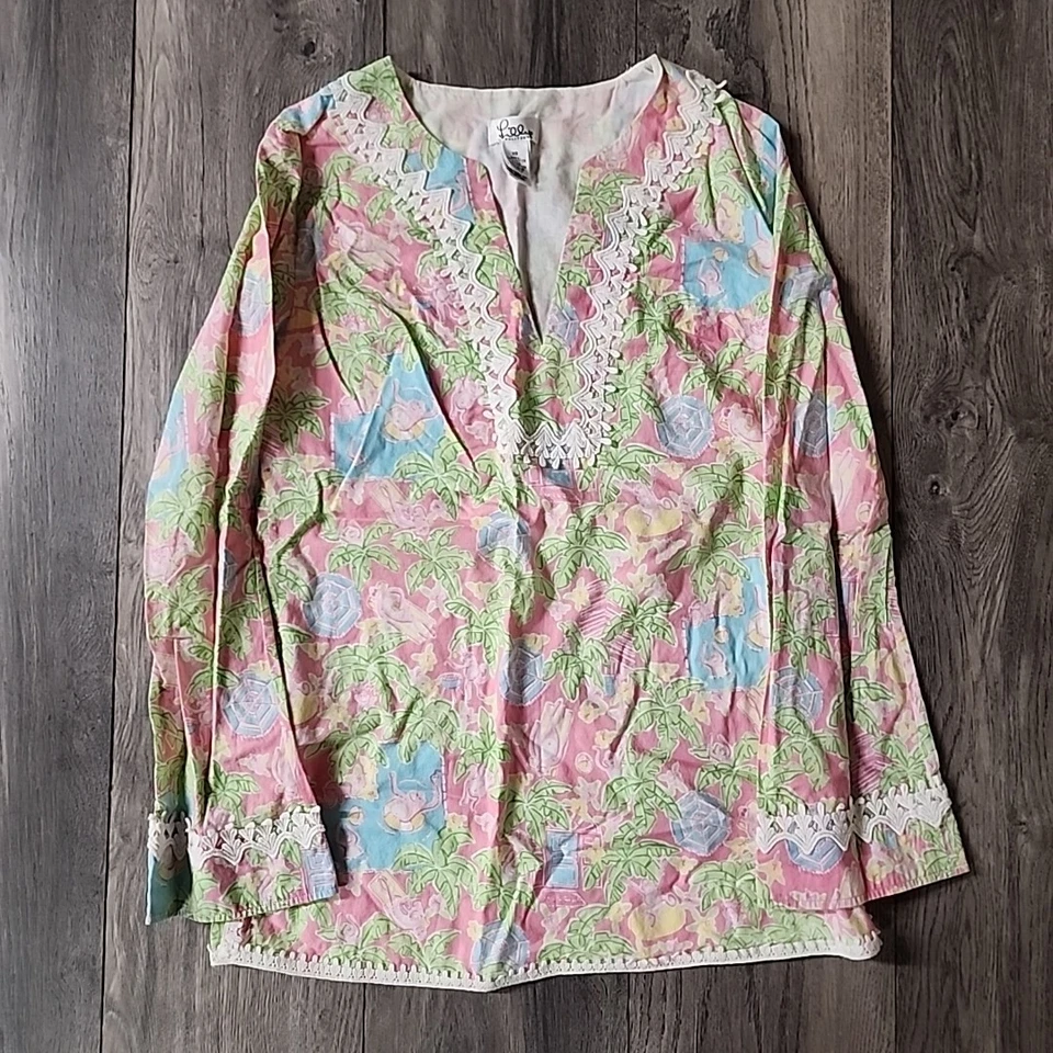 Blusa Lilly Pulitzer Mujer Mono Piscina Fiesta Encaje Talla XS Algodón