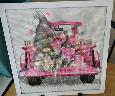 Gnome in Pink Pickup Truck w/Flowers Framed Diamond Art Picture
