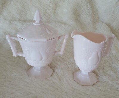 Vintage Jeanette Shell Pink Milk Glass Baltimore Pear 3 Piece Set Cream & Sugar