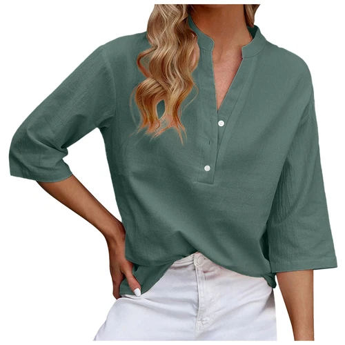 3/4 Sleeve Women's Top Casual Loose Round Neck T Shirt Cute Solid Color Long - Picture 7 of 42