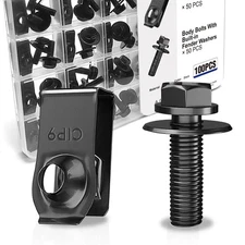 100 Pack M6-1.0 Body Bolts and Extruded U-Nuts, Black Steel Car Clips Fastene...