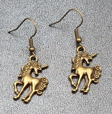Unicorn Pierced Earrings Bronze tone Dangle 7/8" NEW