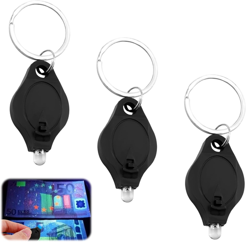 3 Pezzi Portachiavi UV LED Mini Torcia Per Rilevare Banconote False - Luce Nera Per Verifica Filigrane, Portatile, Nero