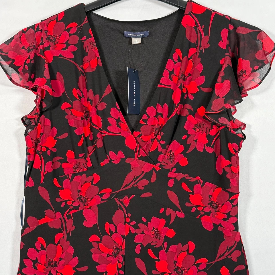 NWT Tommy Hilfiger Black and Red Floral Midi Dress V-Neck Flutter Sleeve Size 12 - Image 2 of 4