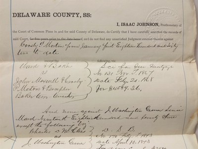 1873 antique CROSBY P MORTON JUDGMENT SEARCH delaware cty pa GESNER BAKER McGLEE