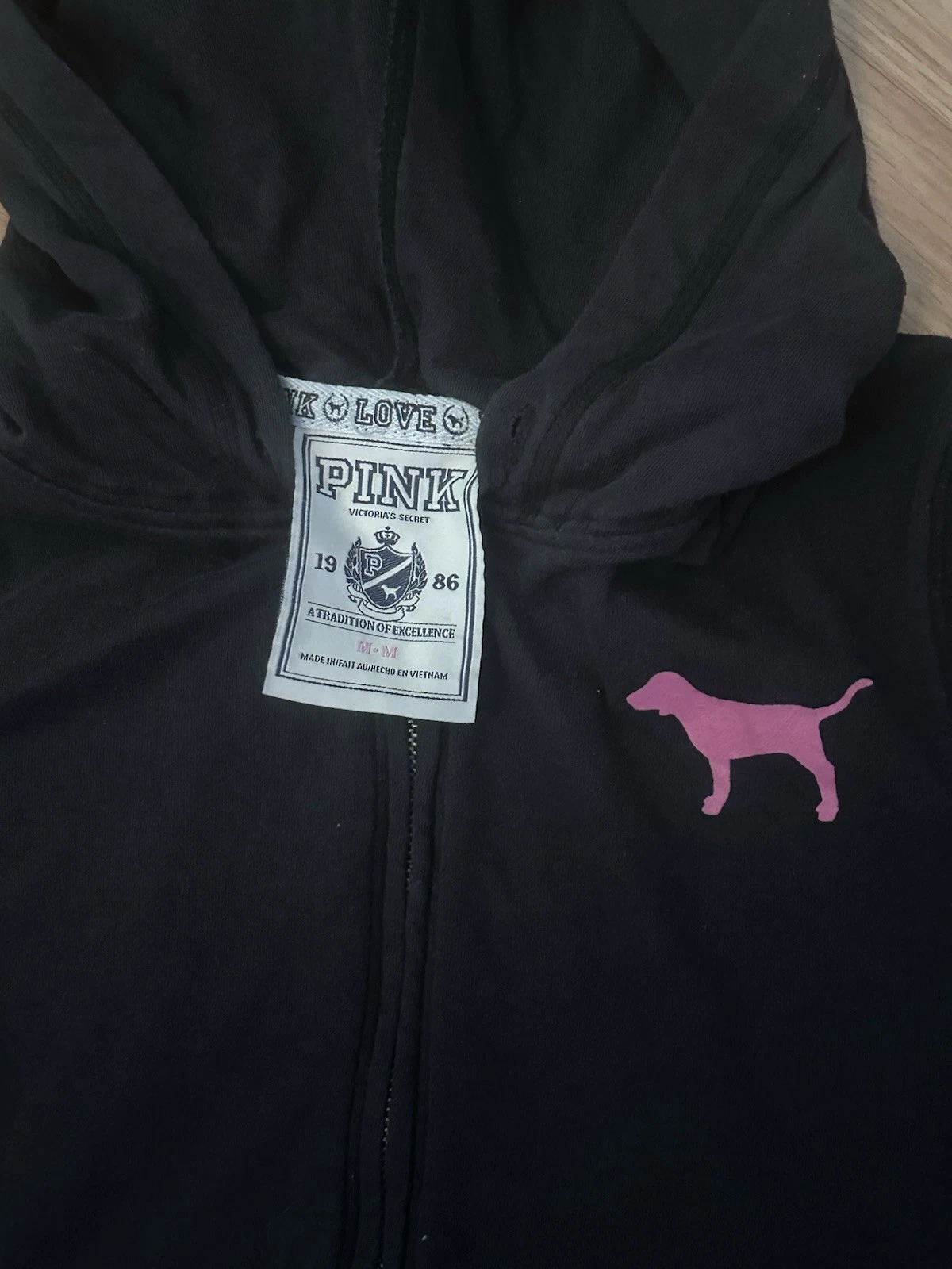 UNDERCOVER Felpa Victoria’s Secret rosa amore sogno credere con cappuccio paillettes zip intera M