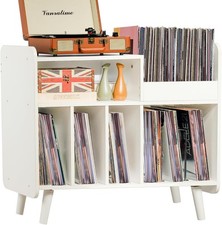 Record Player Table Cabinet with Open Vinyl Storage and Display Shelf White
