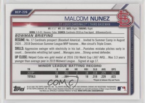 2021 Bowman Chrome Prospects rifrattore arancione 25/25 Malcom Nunez #BCP-226 0c6 - Foto 2 di 3