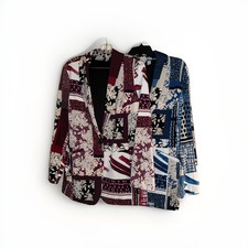 Susan Graver Women's Printed LK Fushion Shawl Collar Blazer L Indigo Wine X 2