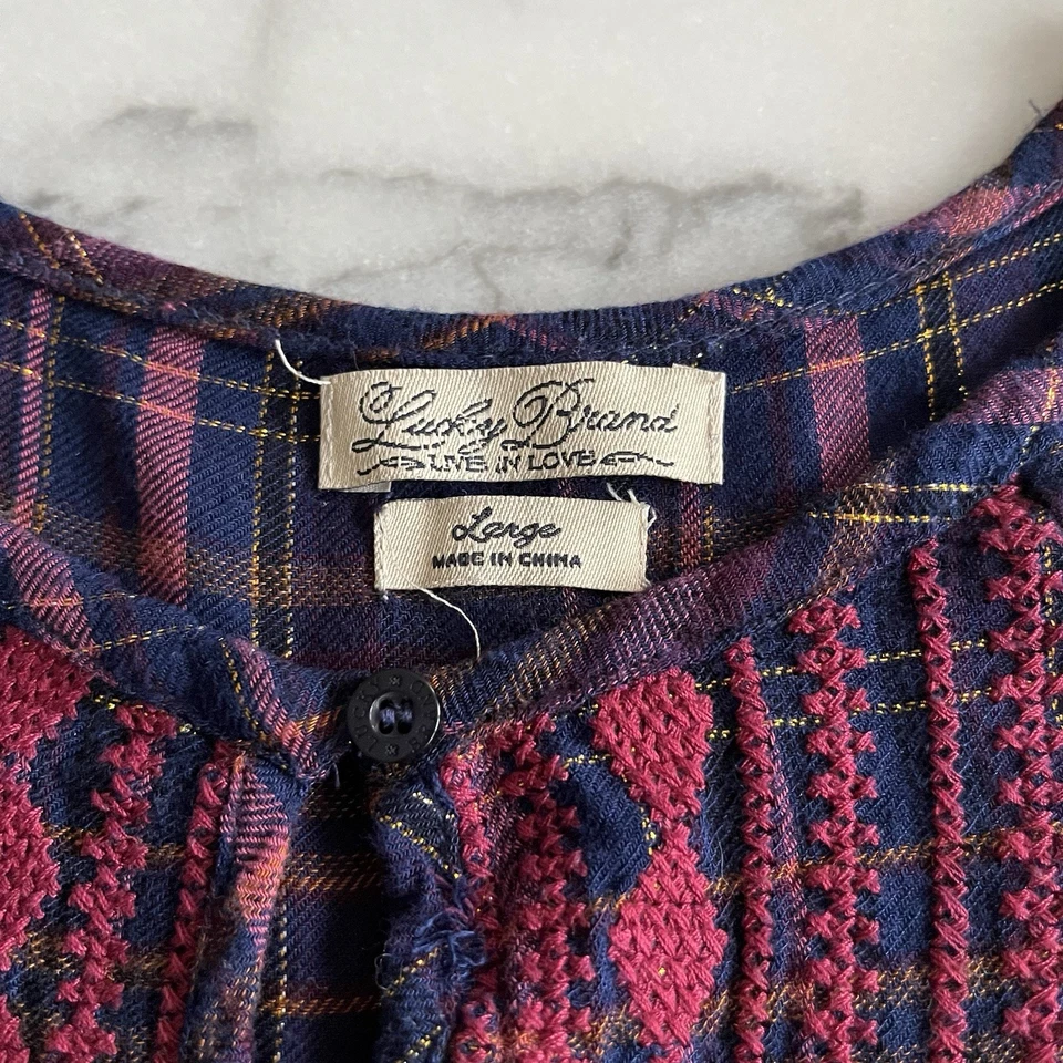 Blusa Lucky Brand Niñas L Cuadros Manga Larga Bordada Hilo Metálico Foto 4 de 4