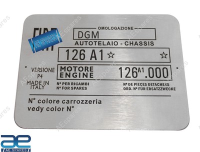 Namensschild ID Platte Chassis 126A1 Motor Für Vintage Fiat Auto @UK