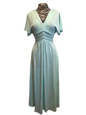 Vintage 70s Dress Evening Gown Mint Green Long Maxi V Neck Empire Waist Flowy S