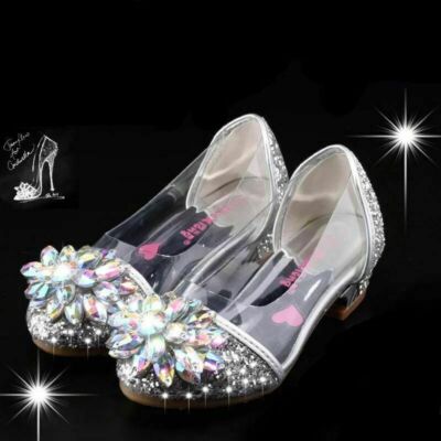 Kinder Mädchen Schuhe Absatz Glitzer Hochzeit Party Cinderella Prinzessin Schuhe