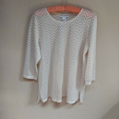Drapers & Damons Womens Petite Medium 3/4 Sleeves Top Metallic Perforated White