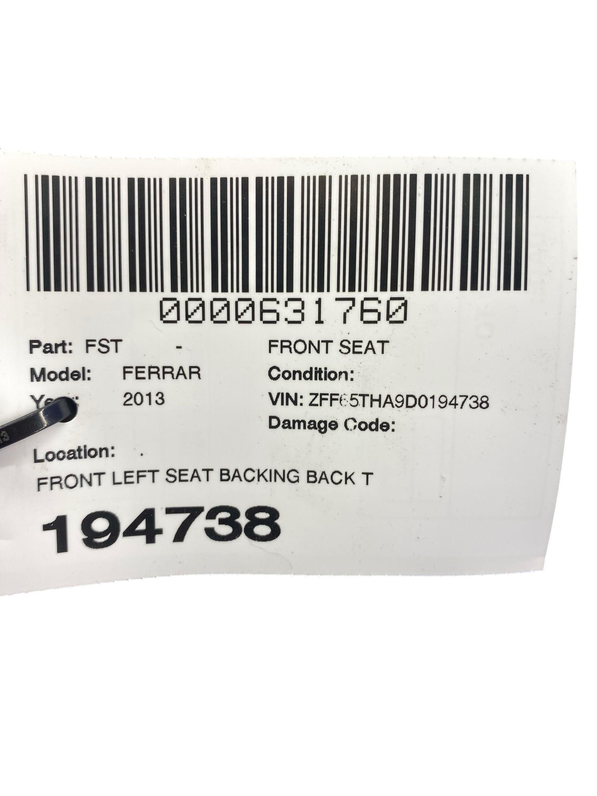 2012-2014 FERRARI CALIFORNIA FRONT LEFT SEAT BACKING BACK TRIM COVER PANEL *MARK