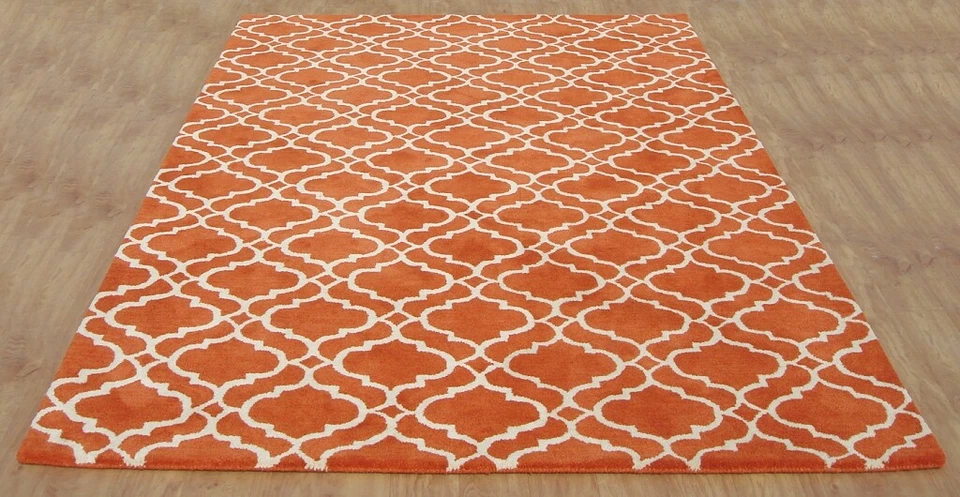 Alfombra Ryana Scroll Azulejo Enrejado Naranja Moderna Mechonada a Mano 100% Lana Foto 3 de 4