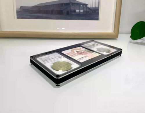 Black Display Frame Case Box with Stand for 2 NGC Coin Holder + Pic or Note Slot - Picture 4 of 5