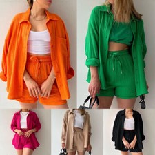 Conjunto de 2 piezas Blusa Mujer Verano Informal Suelta Solapa Sólida Traje Camisa Botón Pantalones Cortos