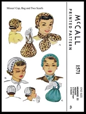 McCall #1571 Cap & Bag & Scarf Hat Fabric Sewing Pattern Chemo Alopecia 22" 50's
