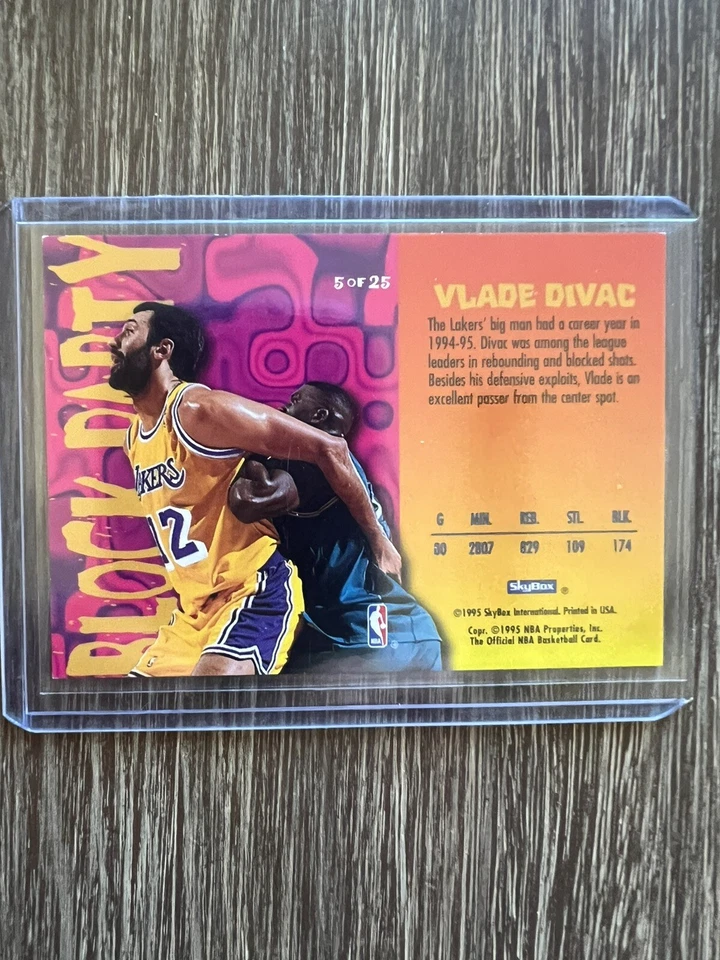 1995 SKYBOX NBA HOOPS BLOCK PARTY VLADE DIVOC LAKERS BASKETBALL CARD #5 OF 25 - Image 2 of 2