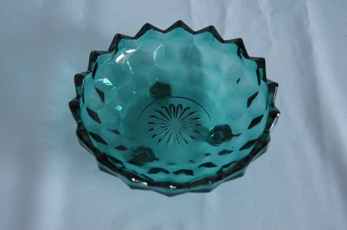 Cubist American bon bon Fostoria Jeanette Indiana glass teal blue 3 foot dish