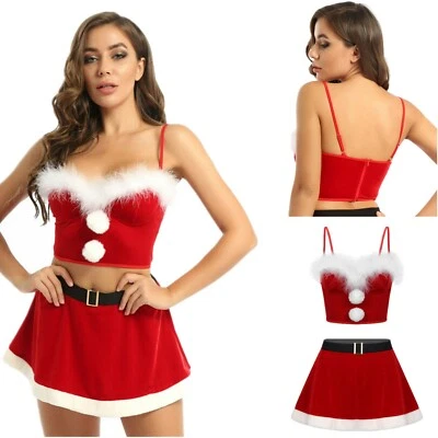 Frauen Weihnachten Outfit Santa Claus Crop Top und Mini Rock Cosplay Kostüm Set - Bild 1 von 3