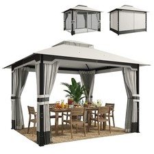 Outsunny 3 x 3.6 m Outdoor Garden Gazebo with Netting, Curtains, Light Grey