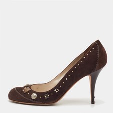 Dior Size 40 Dark Brown Suede Studded Round Toe Pumps