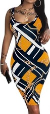New Women's Chain Link Print Scoop Neck Sleeveless Bodycon Dress Medium