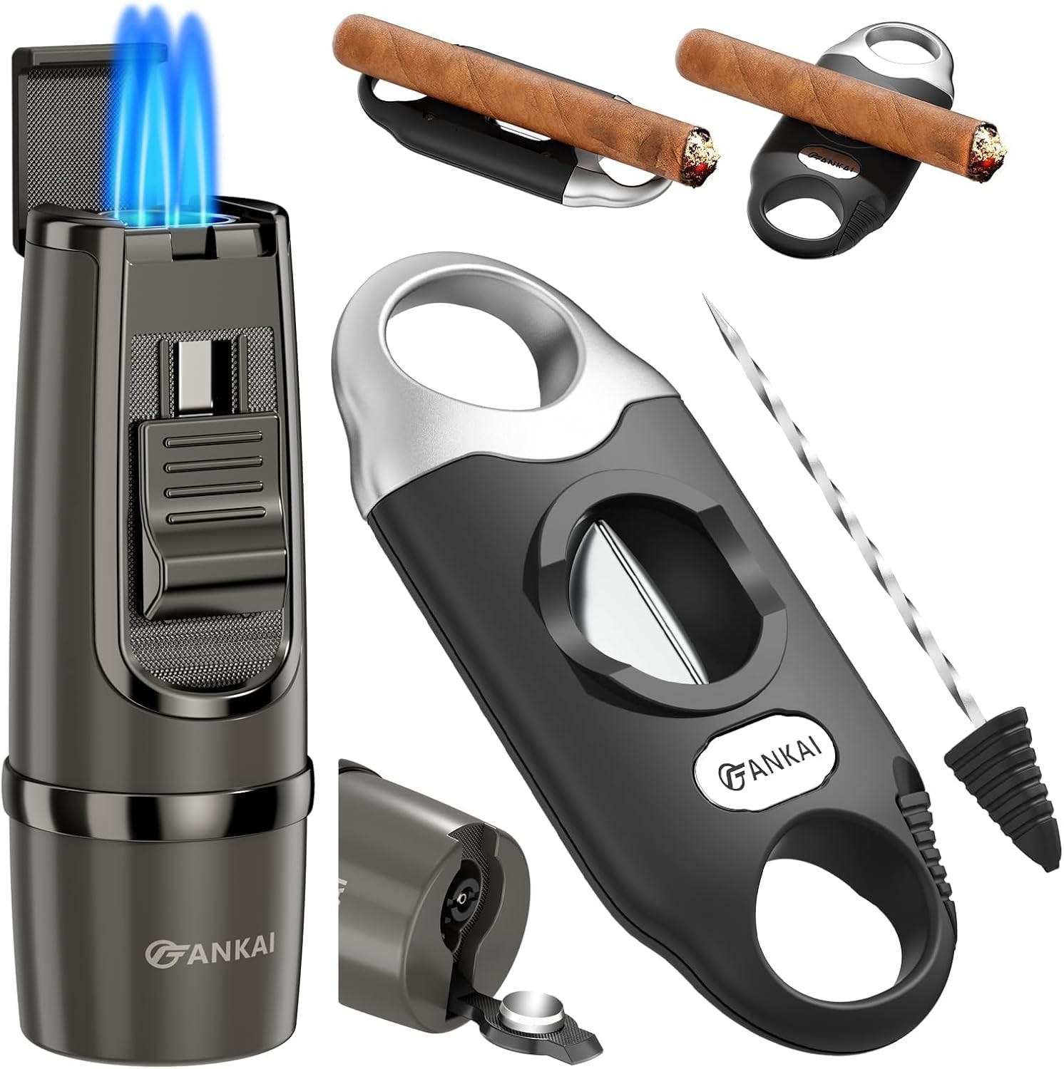 And Cutter Set, Torch Lighter Built In Cigar Punch,v Cut Wit