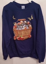 Vintage Jerzees NuBlend Cat Kitten Sweatshirt Apples Butterflies Navy Large