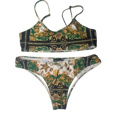 Pretty Little Thing Green Shell Chain Print Scoop Neck Bikini MISMATCH SIZES