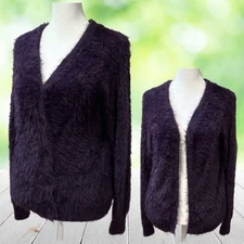 VELVET Cardigan Sweater Womens Small Eggplant Faux Angora Fuzzy Reversible NWT