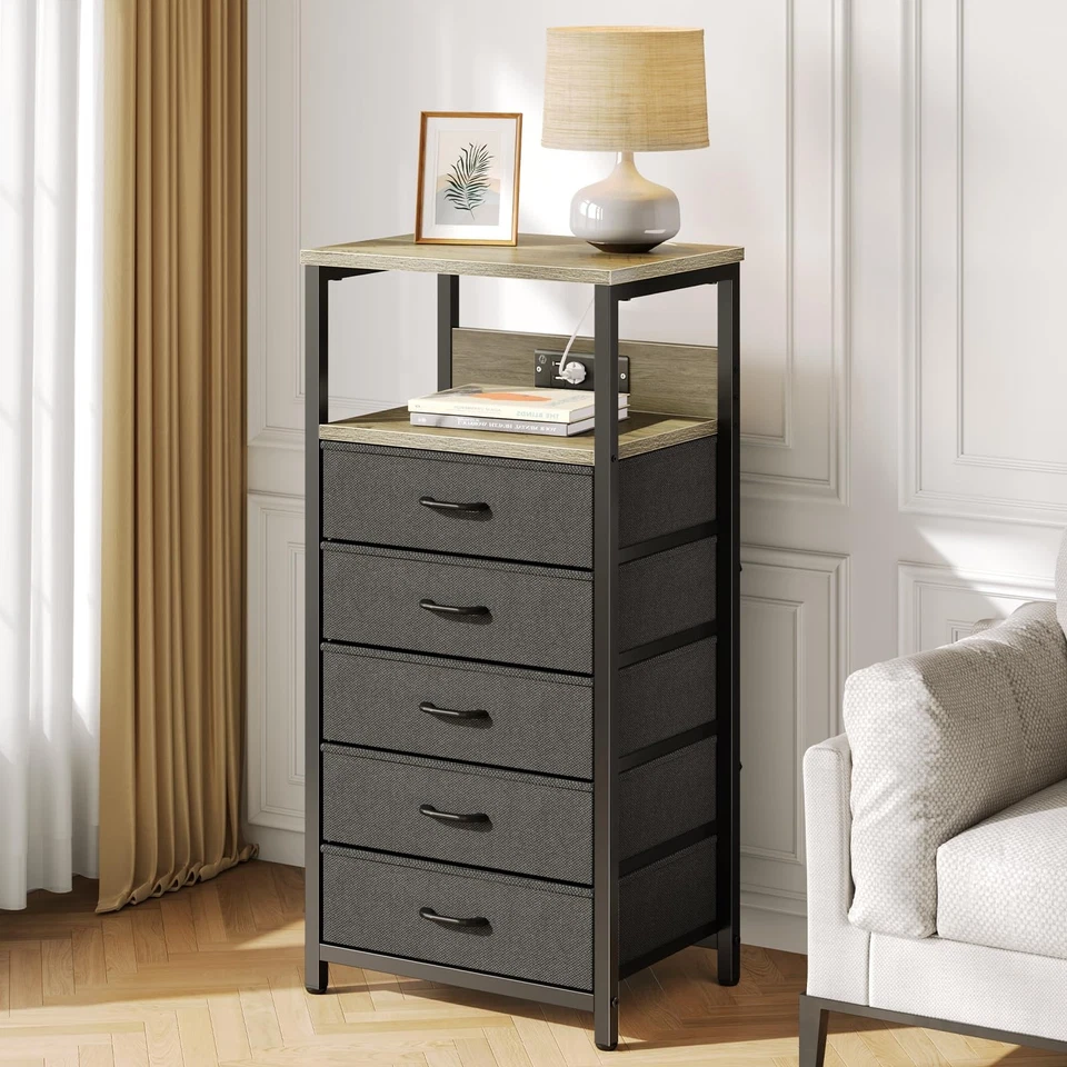 Night Stand with Charging Station, Tall Nightstand with 5 Fabric Storage Draw... - Image 2 of 4