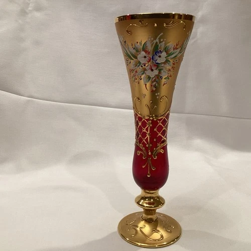 Vintage Cranberry/Gold Bohemian Murano Venetian Art Glass Hand Painted 8” Vase
