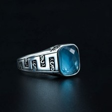 Blue Aquamarine Gemstone 925 Sterling Silver Minimal Engraved Men's Ring