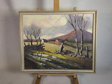 Vintage M. Wetherell Midcentury Landscape Painting Impressionist Winter Farm