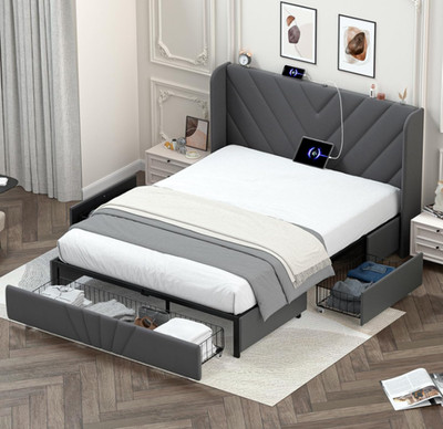 COMHOMA Upholstered Bed w/ USB-C, Storage Headboard & Footboard - Queen