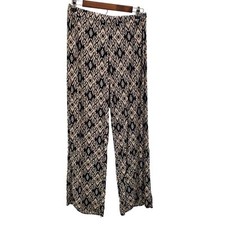 Womens XL Black Beige Abstract Print Wide Leg Palazzo Pants Boho Festival