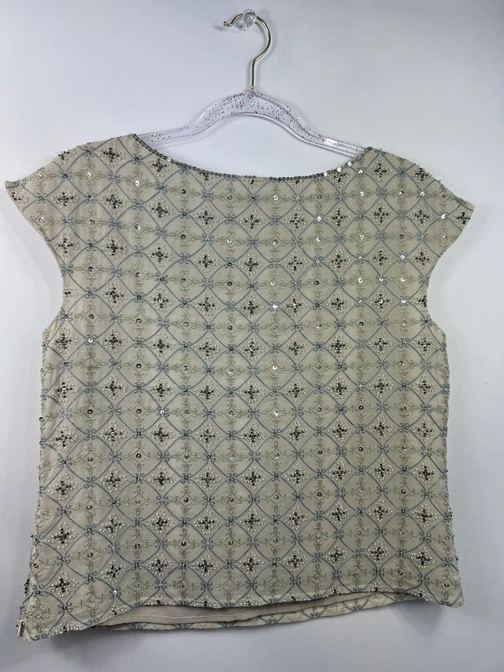 Talbots Petites Blouse Women's Size 8P Tan Sequin Embroidered Cap Slit Sleeve - Image 4 of 4