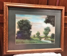 ORIG Chalk Drawing 9"X12"BY KB Ken Brown Greens Pink Trees Custom Framed 14"x18"