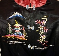 Vintage Chinese Embroidered Silk Pants  Shirt Pajamas Black Pagoda Floral