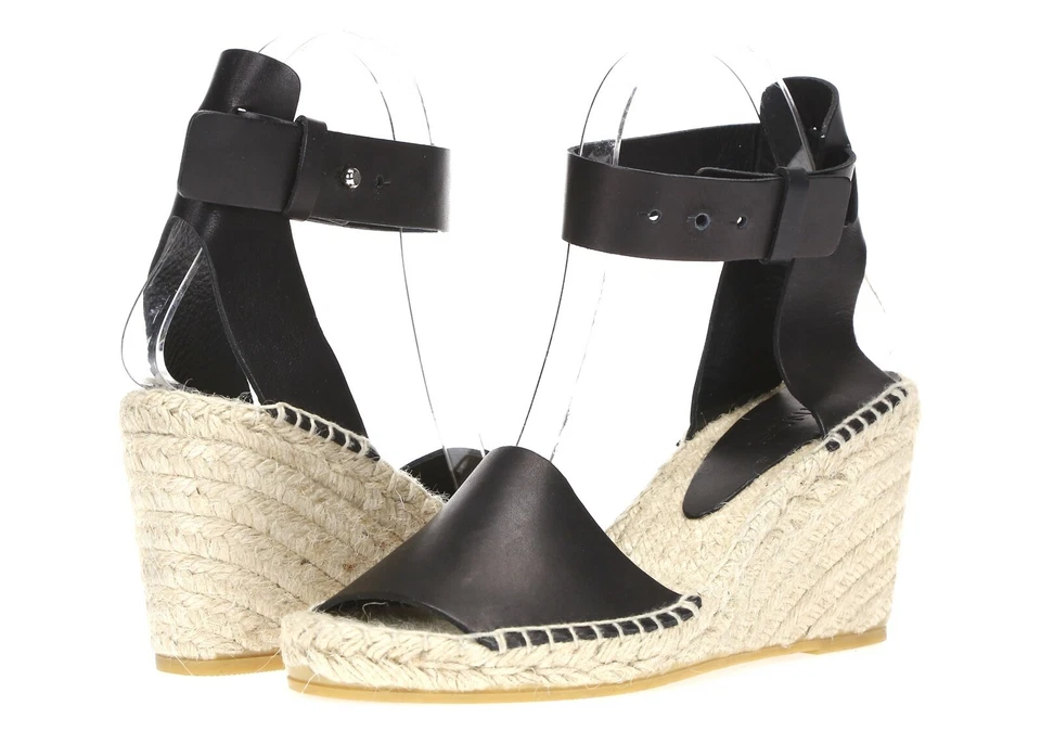 Sandalias alpargata VINCE de cuero negro con correa al tobillo y tacón de cuña talla 39 Foto 2 de 4