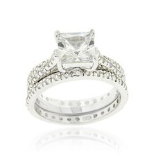 Sterling Silver Square CZ Engagement  Bridal Wedding Ring Set