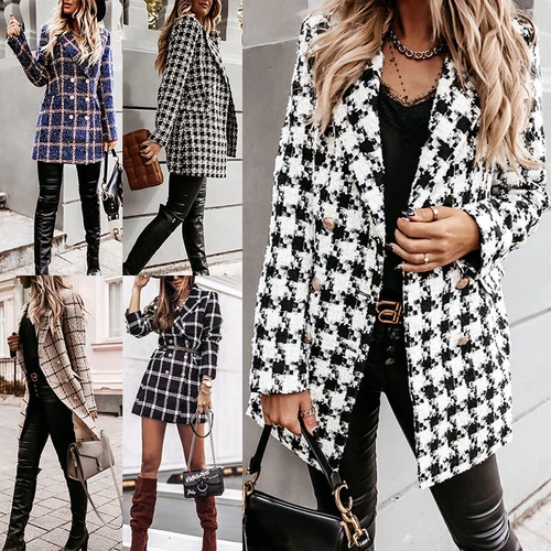Women's Stylish Check Print Wool Blazer Coat Ladies Long Sleeve Collared Jacket - Picture 2 of 52