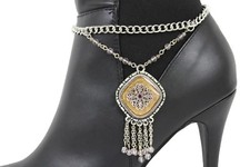 Women Silver Boot Anklet Chain Strap Metal Western Shoe Ethnic Beads Charm Heart